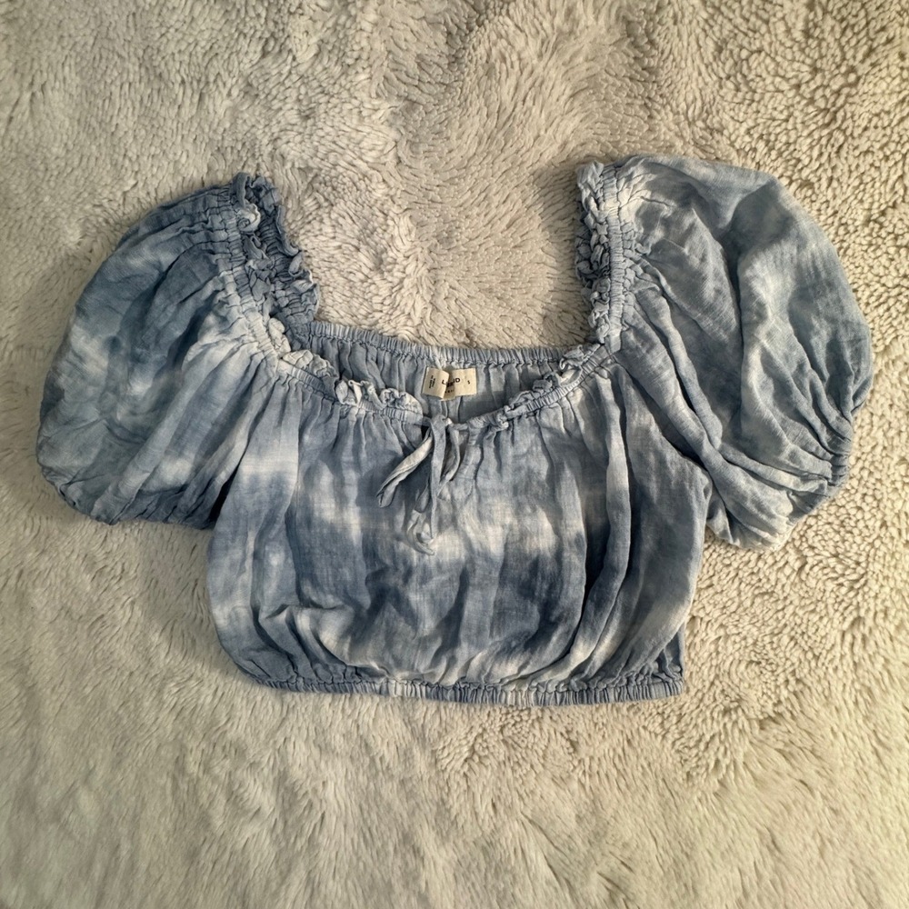 Lucky Brand Blue Tie Dye Puff Sleeve Crop Top Square Neck‎ Boho Small